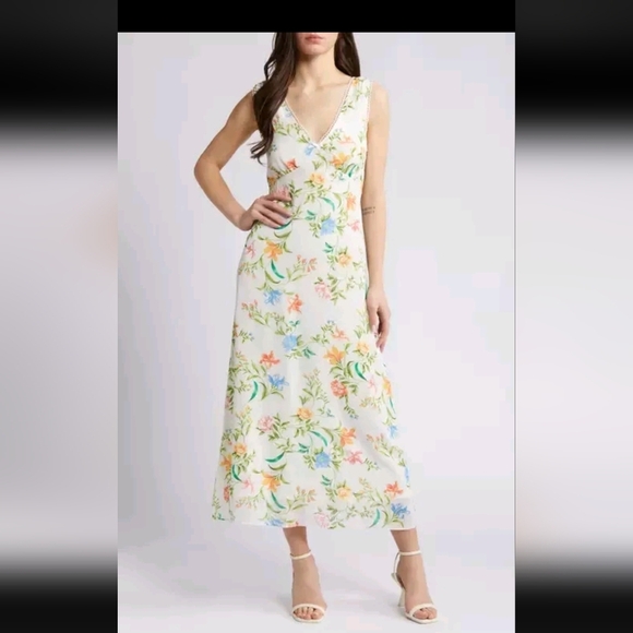 Wayf Green Orange Blue Pink Floral V Neck Midi Small NWT Summer Pretty Dress - Picture 1 of 12